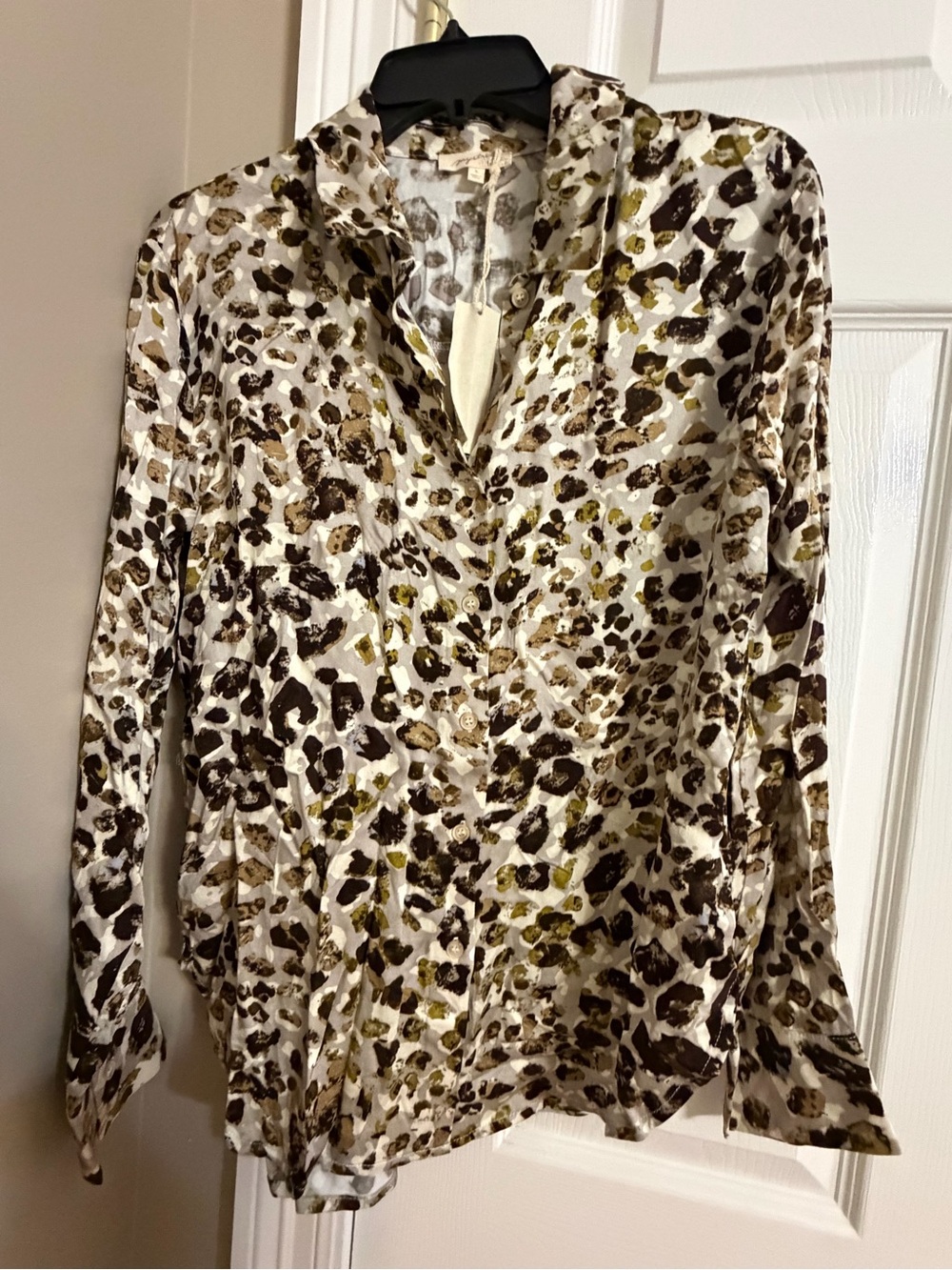 Mystree Leopard Print Long Sleeve Blouse in Brown and White with Olive Accents